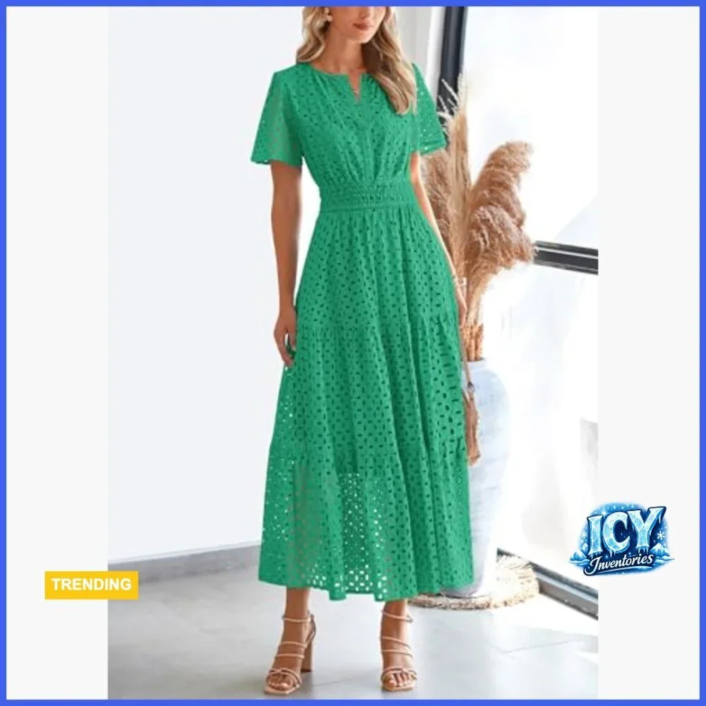 Cotton Eyelet Maxi Dress V-Neck Hollow Out Beach Vacation Formal